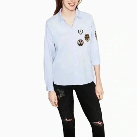🍁 Zara lt blue button down army patched embroideries XS - Picture 1 of 10